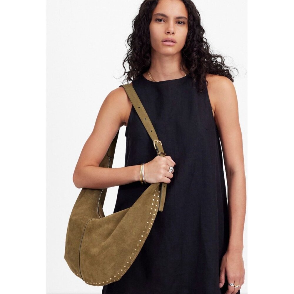 Madewell Essential Curve Shoulder Bag Aged Camel Suede Leather Green NWOT - Picture 4 of 15